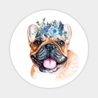 Cute French Bulldog with Blue Flower Wreath Art Magnet